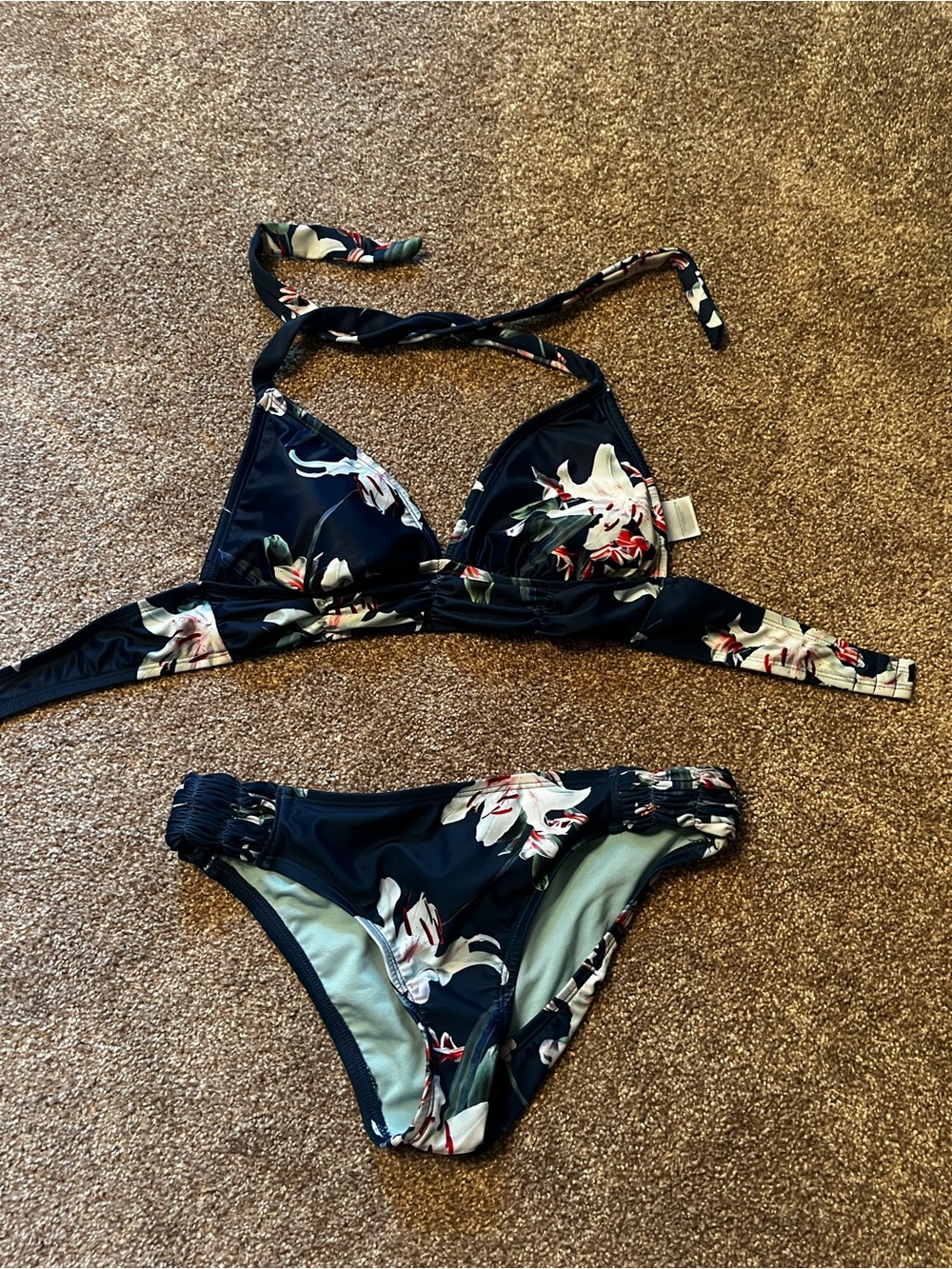 Kona Sol Navy Floral Triangle Bikini - White & Pink Flowers